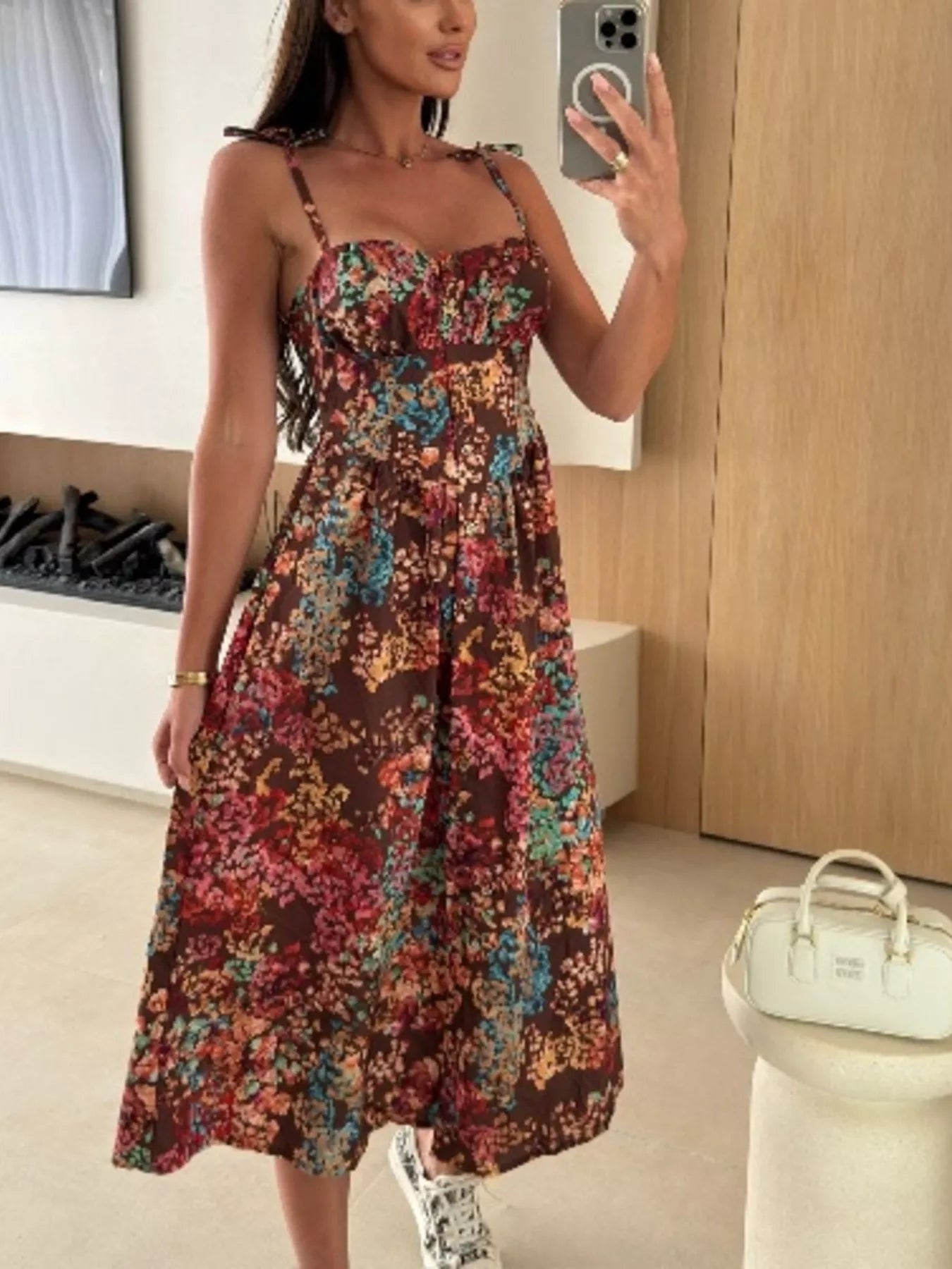Printed Tie-Strap Midi Dress Simmer & Fay