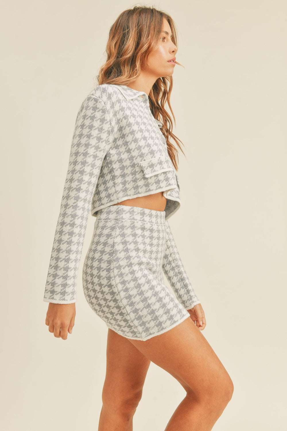 Houndstooth Cropped Knit Cardigan and Mini Skirt Set Mable   