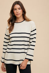 Side Slit Striped Round Neck Sweater Annie Wear