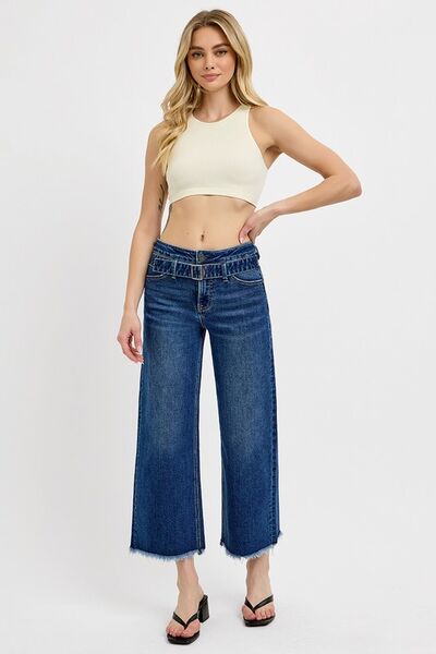 Raw Hem Wide Leg Attached Buckle Jeans Risen