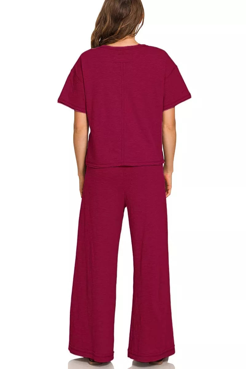 Cotton Slub Short Sleeve Tee and Pants Set ZENANA