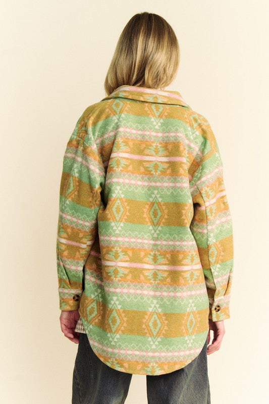 High-Low Geometric Long Sleeve Shacket with Pockets Davi & Dani