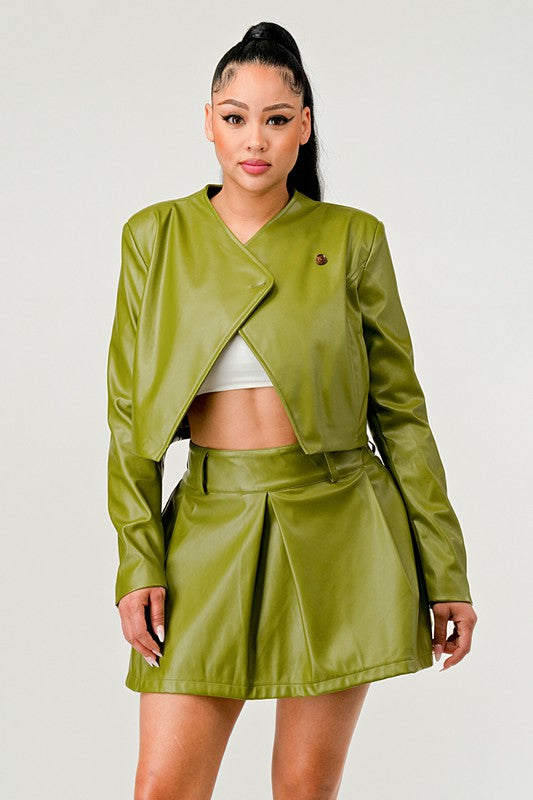 Button Up Green Faux Leather Jacket and Skirt Set Athina   