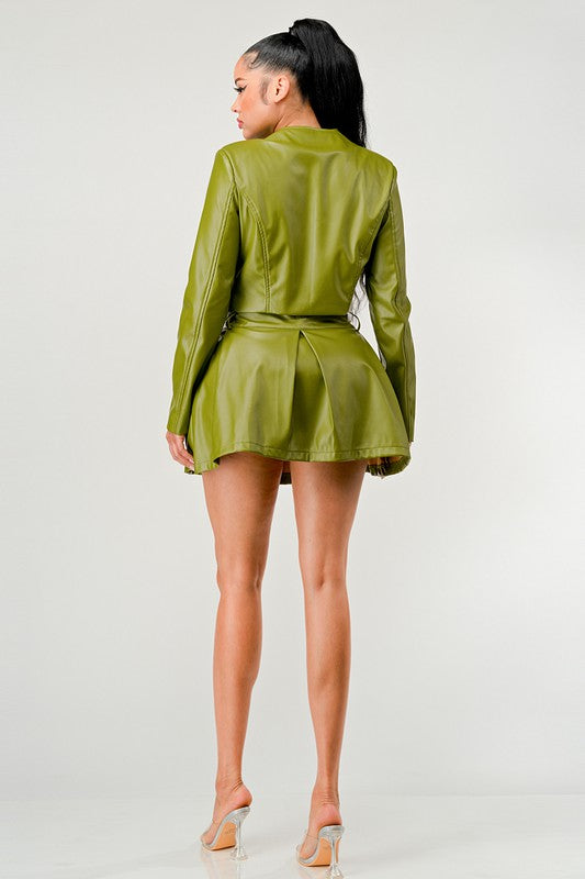 Button Up Green Faux Leather Jacket and Skirt Set Athina   