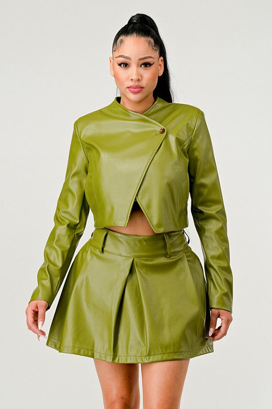 Button Up Green Faux Leather Jacket and Skirt Set Athina   