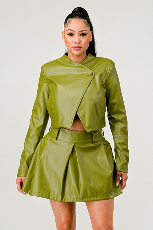 Button Up Green Faux Leather Jacket and Skirt Set Athina   