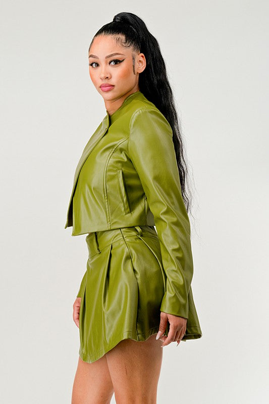 Button Up Green Faux Leather Jacket and Skirt Set Athina   