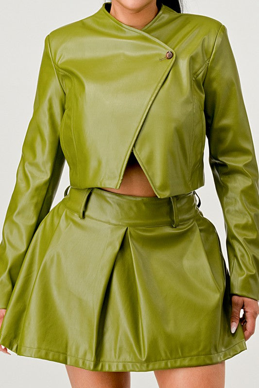 Button Up Green Faux Leather Jacket and Skirt Set Athina Green S 