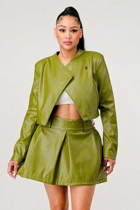 Button Up Green Faux Leather Jacket and Skirt Set Athina   