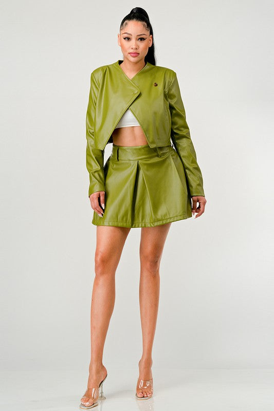 Button Up Green Faux Leather Jacket and Skirt Set Athina   