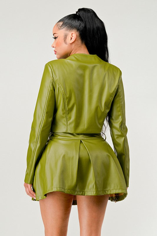 Button Up Green Faux Leather Jacket and Skirt Set Athina   