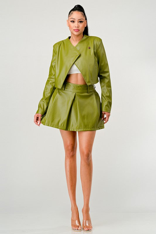 Button Up Green Faux Leather Jacket and Skirt Set Athina   