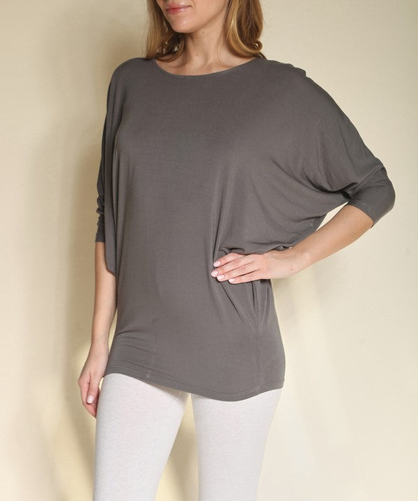 Bamboo Side Ruched Dolman Sleeve Top Fabina DULL GREY S 