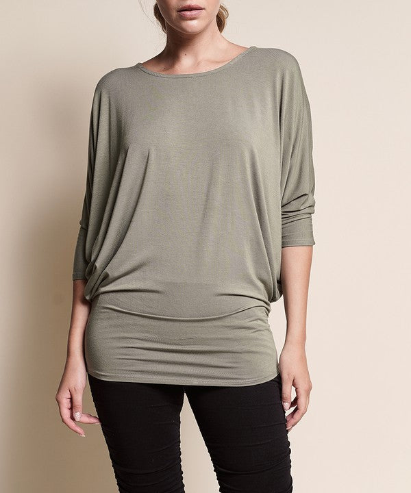 Bamboo Side Ruched Dolman Sleeve Top Fabina   