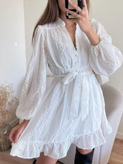 Simmer & Fay ruffled hem tie waist long sleeve dress in white, casual luxe feminine style