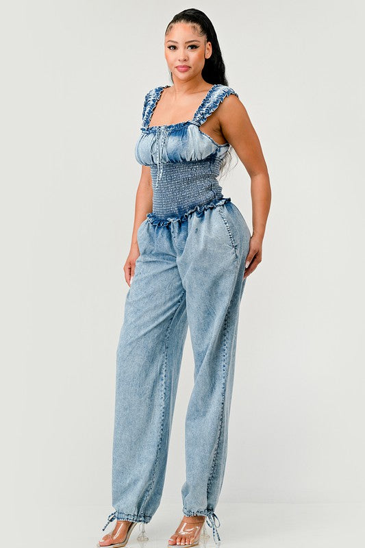 Chambray Charm Ruffled Jumpsuit Athina   