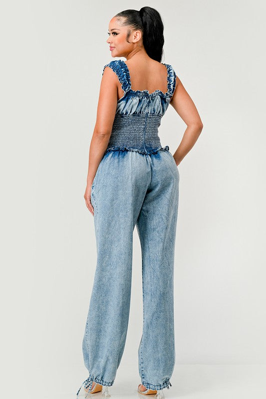 Chambray Charm Ruffled Jumpsuit Athina   