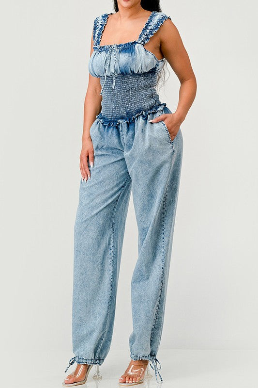 Chambray Charm Ruffled Jumpsuit Athina DENIM S 