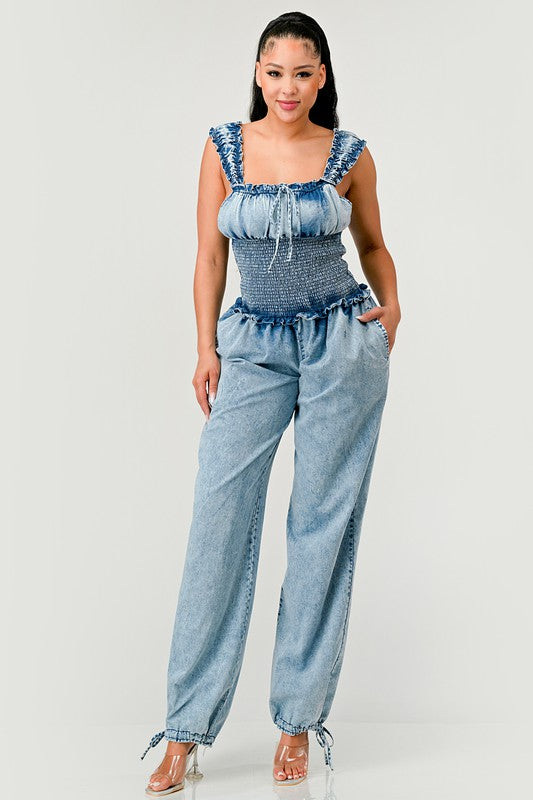 Chambray Charm Ruffled Jumpsuit Athina   