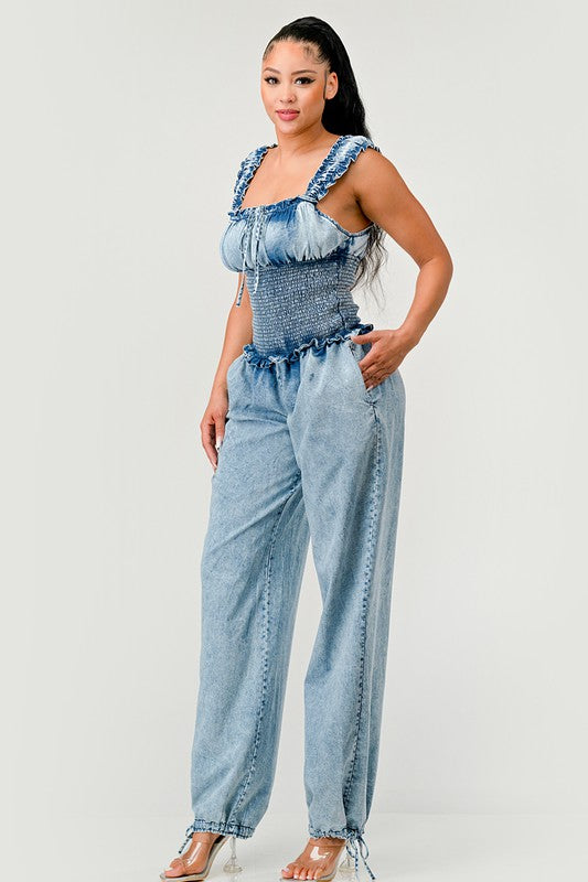 Chambray Charm Ruffled Jumpsuit Athina   