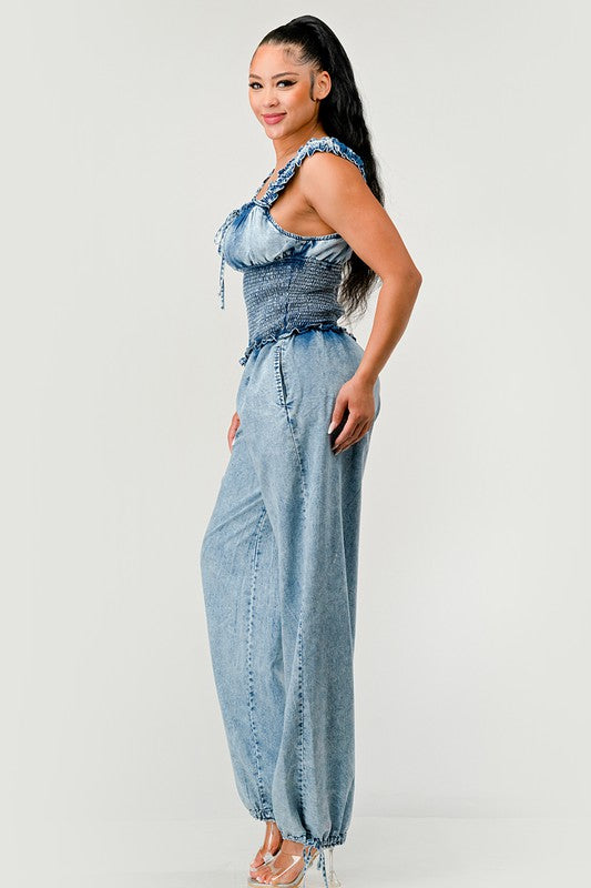 Chambray Charm Ruffled Jumpsuit Athina   