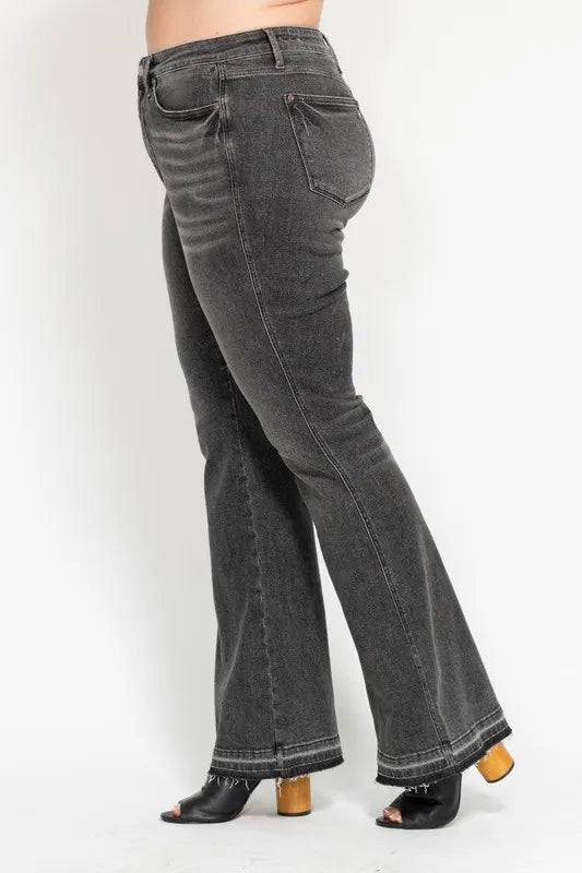 Mid Rise Tummy Control Washed Gray Release Hem Flare Jeans Judy Blue