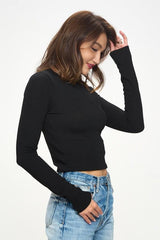 Black Long Sleeve Ribbed Knit Crop Top Renee C.   