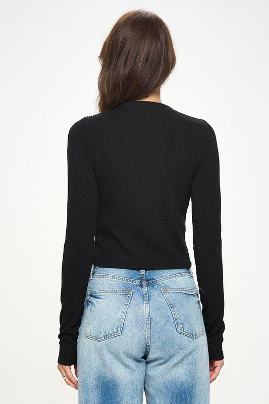 Black Long Sleeve Ribbed Knit Crop Top Renee C.   