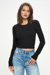 Black Long Sleeve Ribbed Knit Crop Top Renee C.   