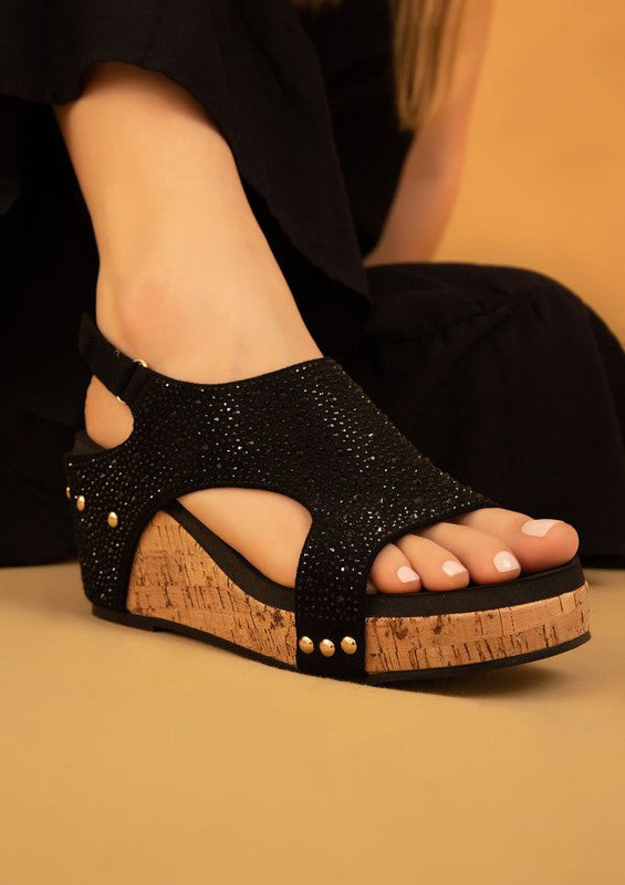 Barbara Rhinestone Covered Strap Wedges Maker's Shoes Black Crystal 6 