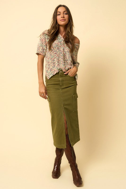 Green Denim Cargo Midi Skirt Denim Lab USA   