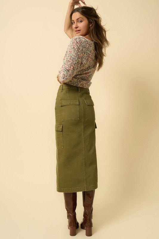 Green Denim Cargo Midi Skirt Denim Lab USA   