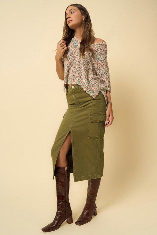 Green Denim Cargo Midi Skirt Denim Lab USA   