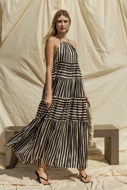 Sleeveless Stripe Shoulder Tie Maxi Tiered Dress SALE   