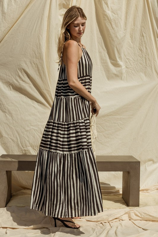 Sleeveless Stripe Shoulder Tie Maxi Tiered Dress SALE   