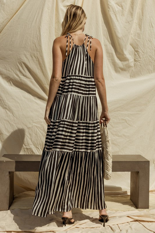 Sleeveless Stripe Shoulder Tie Maxi Tiered Dress SALE   