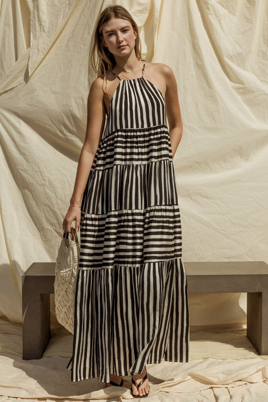 Sleeveless Stripe Shoulder Tie Maxi Tiered Dress SALE   