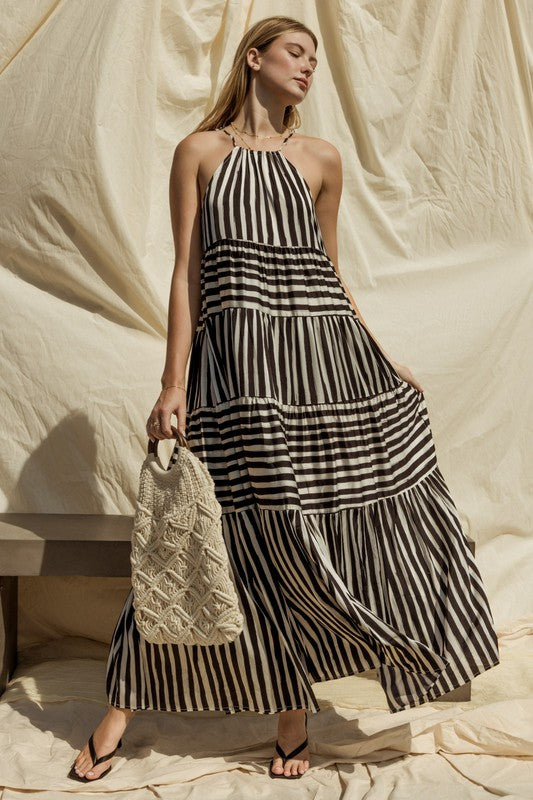 Sleeveless Stripe Shoulder Tie Maxi Tiered Dress SALE   