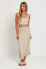 Square Neck Sleeveless Crochet Cut Out Midi Dress LE LIS CREAM XS 