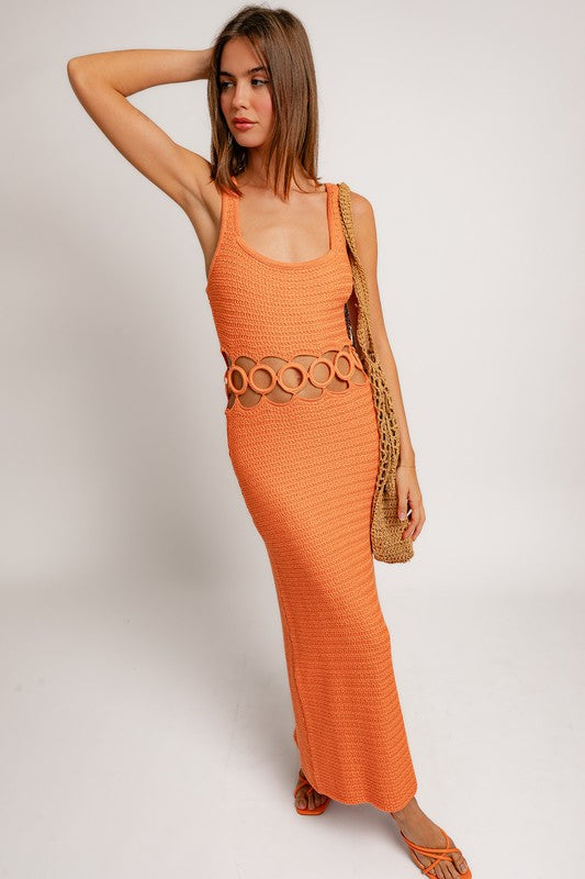 Square Neck Sleeveless Crochet Cut Out Midi Dress LE LIS   