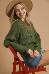 Chunky Cable Knit V-Neck Button-Up Cardigan Umgee