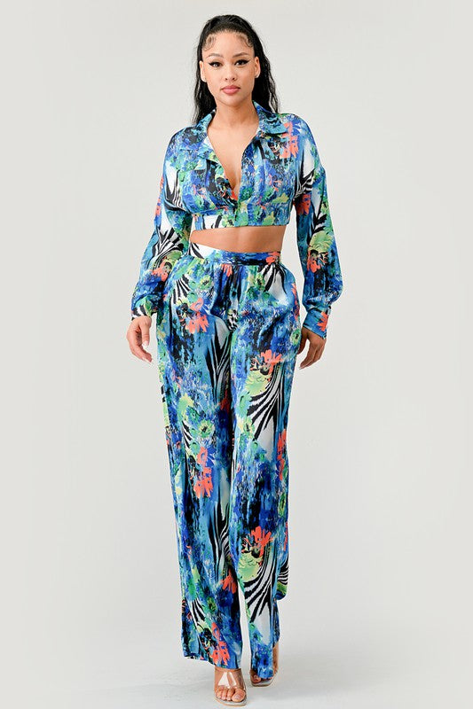 Tropical Mirage Floral Palazzo & Crop Top Set Athina   