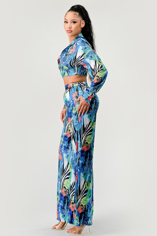 Tropical Mirage Floral Palazzo & Crop Top Set Athina   