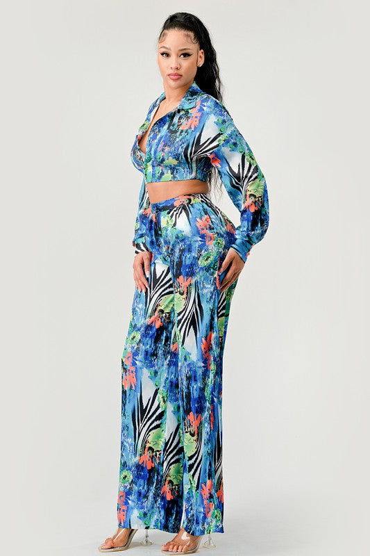 Tropical Mirage Floral Palazzo & Crop Top Set Athina   