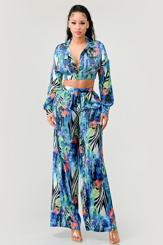 Tropical Mirage Floral Palazzo & Crop Top Set Athina   