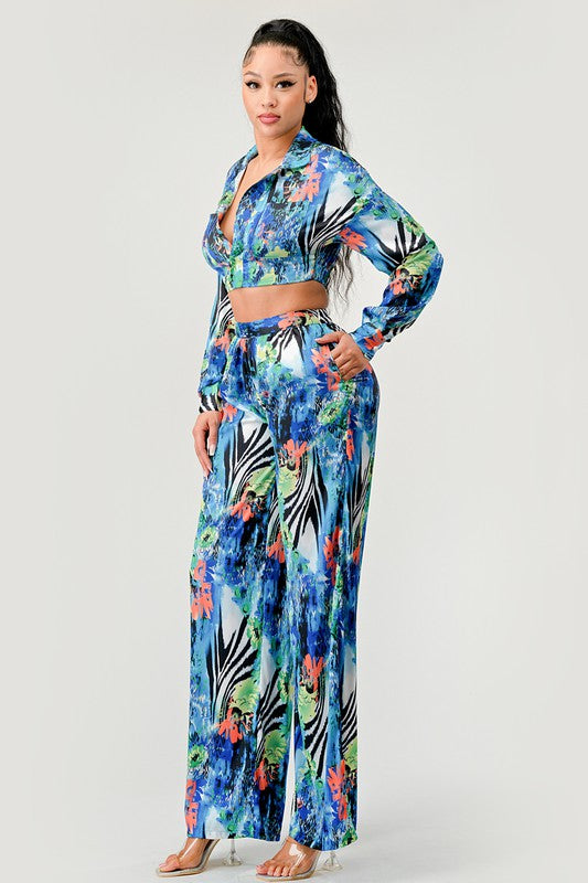 Tropical Mirage Floral Palazzo & Crop Top Set Athina   