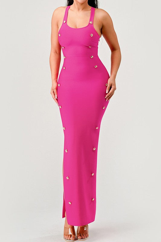 Bandage Brass Button Detail Maxi Dress Athina HOT PINK S 