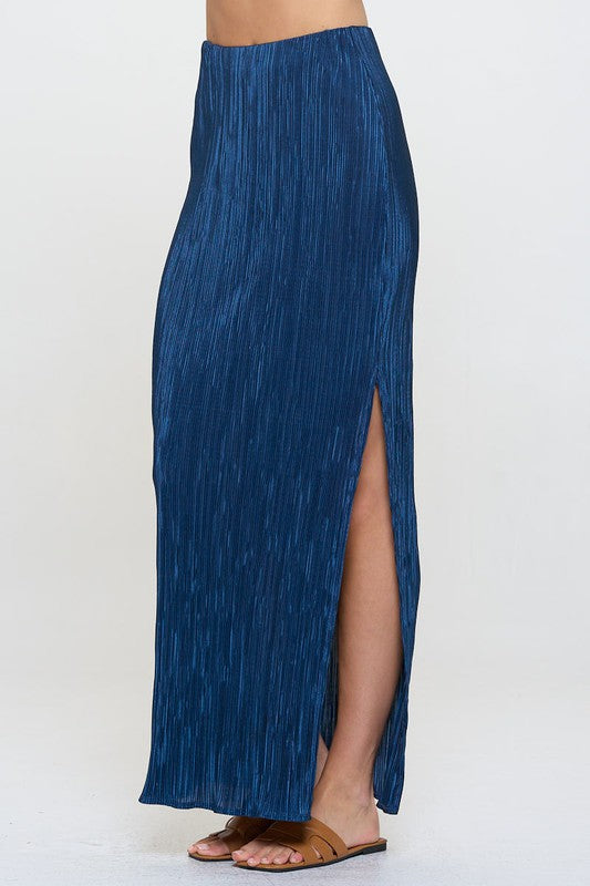 Blue Plisse Maxi Skirt with Slit Renee C. TL S 