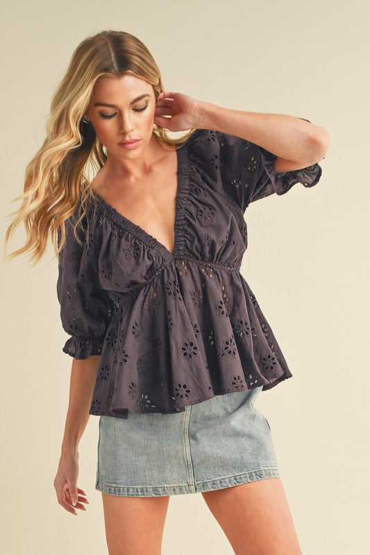 Eyelet Peplum Top with Puff Sleeves Aemi + Co PLUM S 