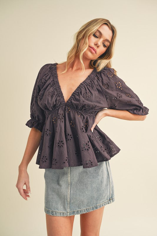 Eyelet Peplum Top with Puff Sleeves Aemi + Co   